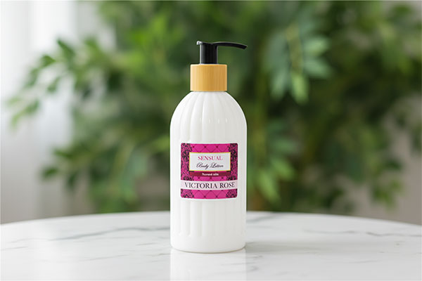 لوسیون بدن سنشوال ویکتوریا رز روی سطح مرمر سفید