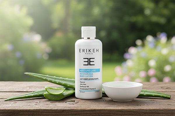 لوسیون مرطوب کننده بدن اریکه با عصاره آلوئه ورا روی میز چوبی