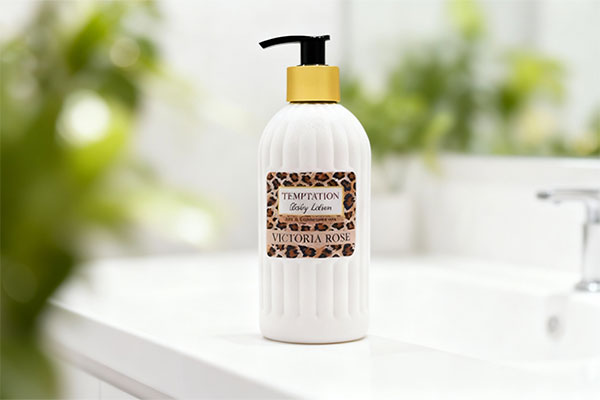 لوسیون بدن تمپتیشن ویکتوریا رز مناسب پوست چرب روی پیشخوان سفید