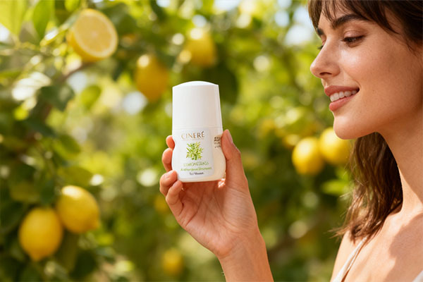 مام زنانه لیمو گراس سینره در دست بانو با پس‌زمینه باغ لیمو