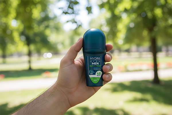 مام رول مردانه هیدرودرم در دست مرد در فضای باز