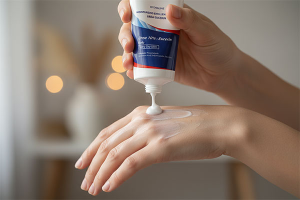 دست‌ها در حال استفاده از لوسیون مرطوب کننده بدن اوره آردن برای پوست خشک