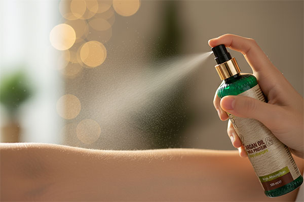 اسپری لوسیون بدن روغن آرگان و پروتئین شیر شون روی حوله سفید