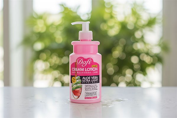 تصویر لوسیون بدن توت فرنگی و آلوئه ورا دافی روی پیشخوان سفید