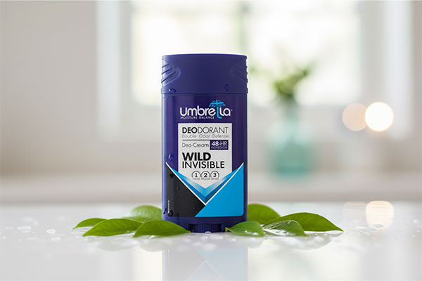 دئودورانت آقایان وایلد آمبرلا روی پیشخوان حمام