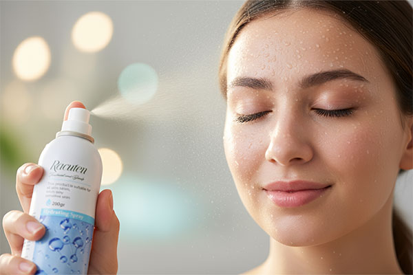 اسپری آبرسان راکوتن در حال استفاده روی صورت برای آبرسانی پوست