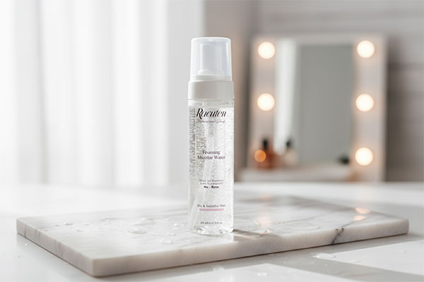 فوم میسلار پوست خشک و حساس راکوتن روی سطح مرمر سفید