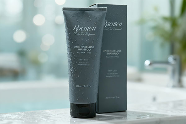 نمای نزدیک شامپو ضد ریزش راکوتن با قطرات آب