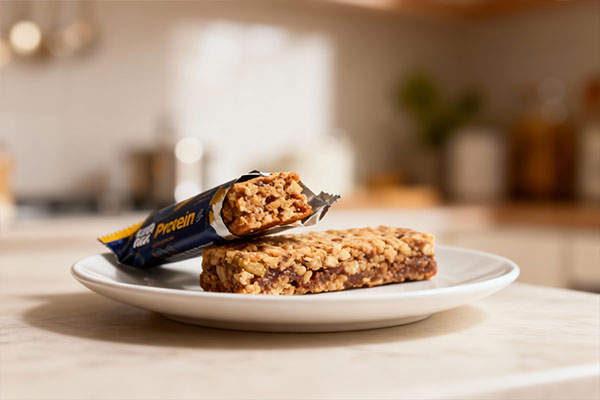 پروتئین بار کیتاریچ روی میز چوبی با تجهیزات ورزشی