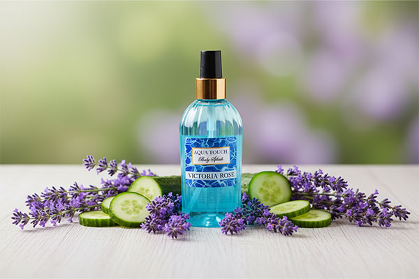 بادی اسپلش آکوا تاچ ویکتوریا رز با گل‌های اسطوخودوس و خیار
