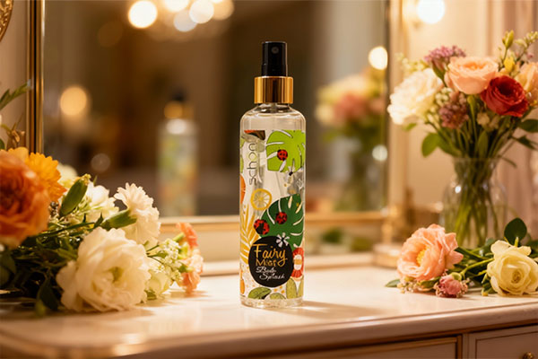 بادی اسپلش فیری میست شون روی میز آرایش با گل‌های تازه