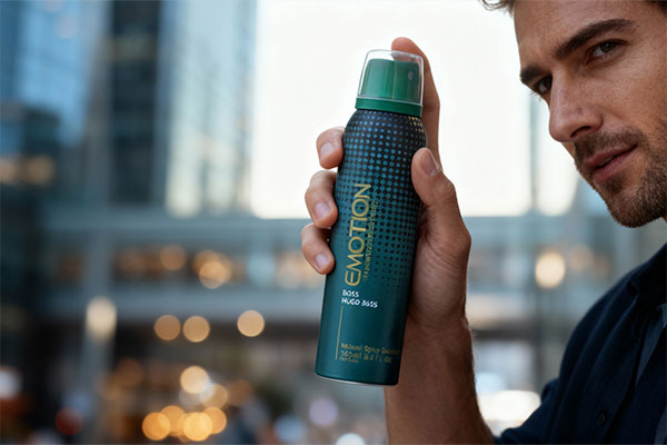 اسپری هوگو باس ایموشن در دست یک مرد با پسزمینه شهری