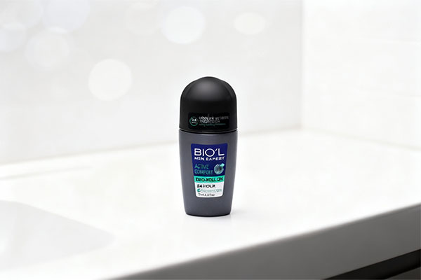 مام رول ضد تعریق مردانه اکتیو کامفورت بیول روی پیشخوان حمام