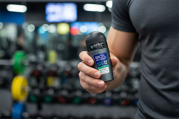 مام رول ضد تعریق مردانه اکتیو کامفورت بیول در دست مرد در محیط ورزشی