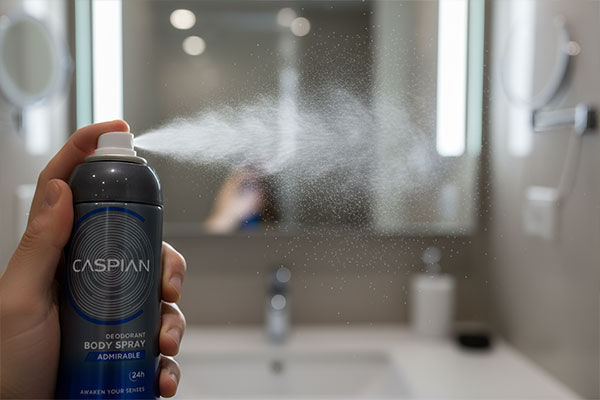 اسپری دئودورانت بدن مردانه ادمیربل کاسپین در حال استفاده