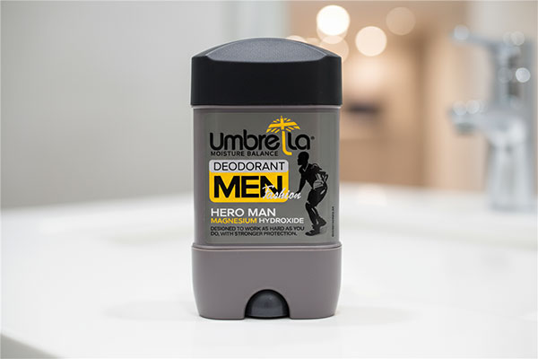 رول خوشبو کننده بدن آقایان هیرو من آمبرلا روی پیشخوان حمام