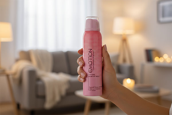 اسپری لانکوم ایموشن در دست بانو با پسزمینه گرم