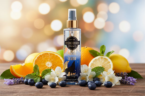 بادی اسپلش مون دیزایر هیدرودرم در کنار میوه و گل‌های تازه