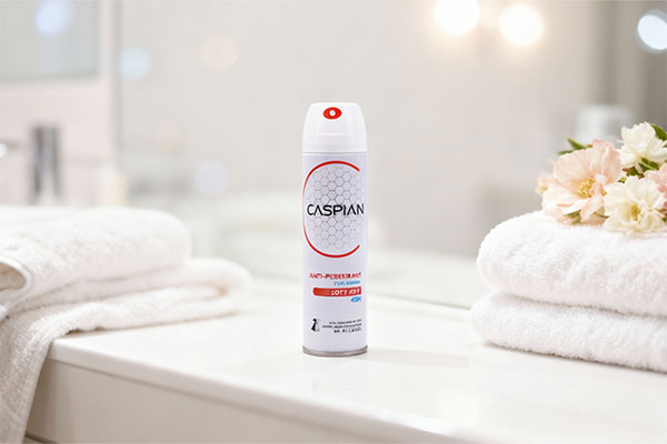 اسپری بدن زنانه کاسپین سافت درای روی پیشخوان حمام