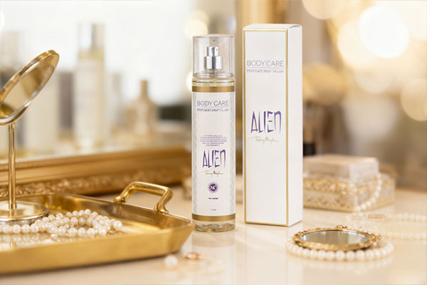 نمای نزدیک از بادی اسپلش زنانه آلین بادی کر روی میز آرایش