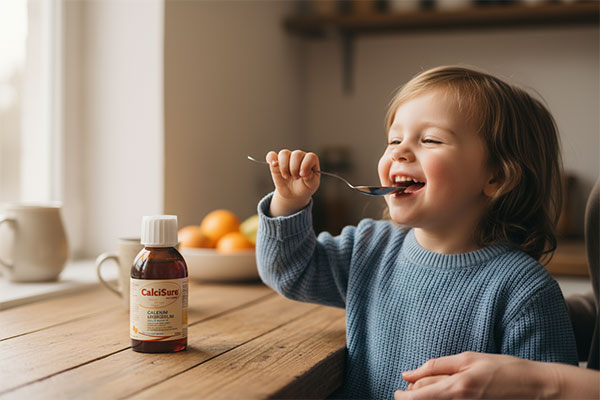 کودک در حال مصرف شربت کلسی شور ویتان برای تقویت استخوان‌ها