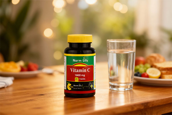 قرص ویتامین C نورم لایف 1000 میلی گرم در کنار صبحانه سالم