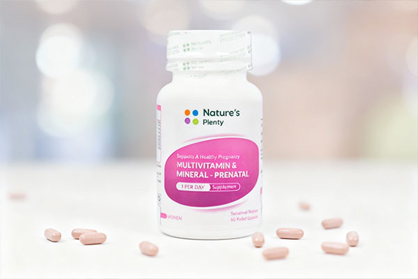 کپسول مولتی ویتامین و مینرال بارداری و شیردهی نیچرز پلنتی روی سطح سفید