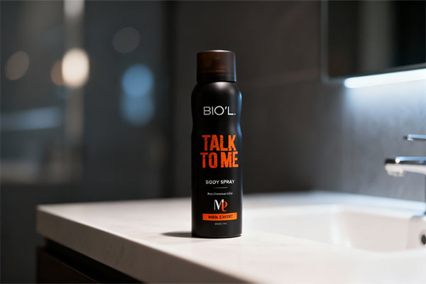 اسپری بدن مردانه Talk to Me بیول روی پیشخوان حمام