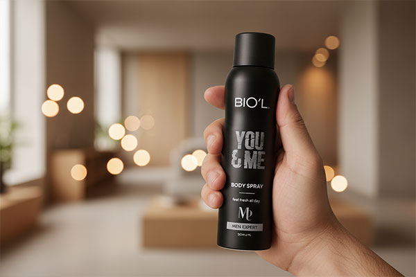 اسپری بدن مردانه You and Me بیول در دست مرد