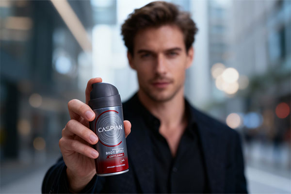 اسپری بدن مردانه جنتلمن کاسپین در دست یک مرد شیک‌پوش