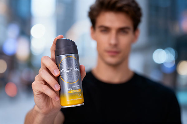 اسپری بدن مردانه رومانوس کاسپین در دست یک مدل مرد