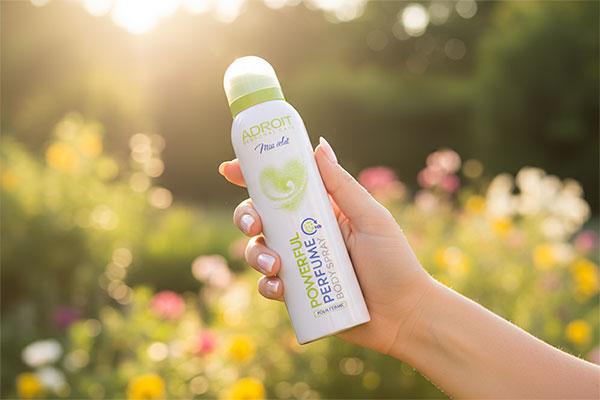 اسپری میس اکلت آدرویت در دست بانو با زمینه باغ