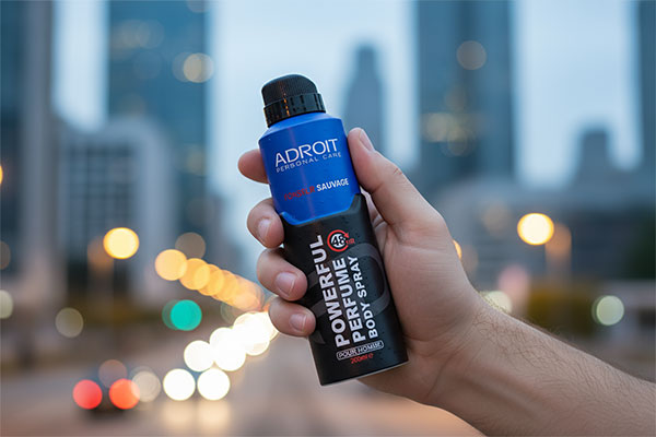 اسپری ساواج آدرویت در دست یک مرد با پس‌زمینه شهری