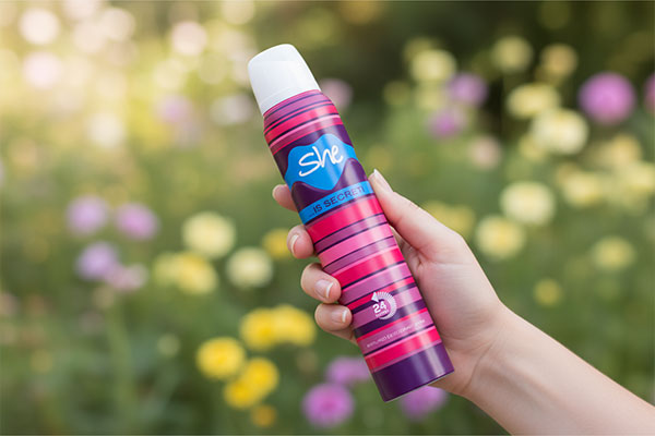 اسپری خوشبو کننده کلابر شی در دست با پس زمینه باغ