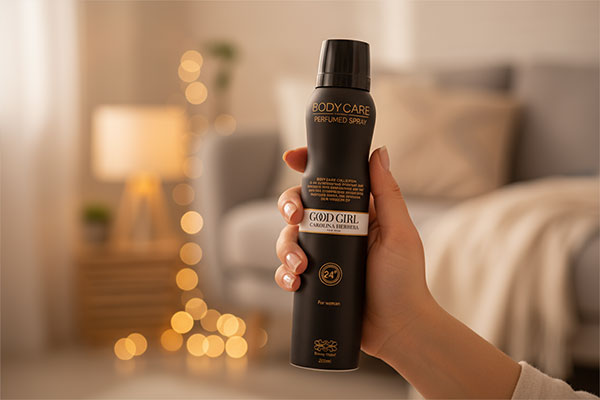 دست زنی که اسپری گود گرل بادی کر را در دست دارد