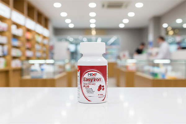 تصویر قرص ایزی آیرون نکست ساپلمنت روی میز سفید