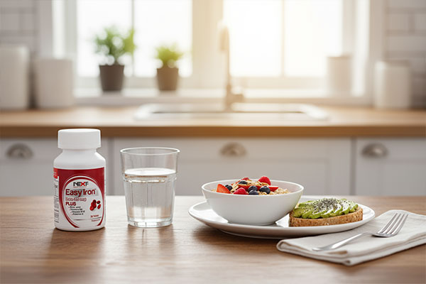 قرص ایزی آیرون پلاس نکست کنار صبحانه سالم