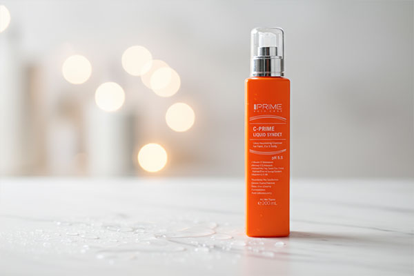 نمای نزدیک از پن مایع حاوی ویتامین C پریم با قطرات آب