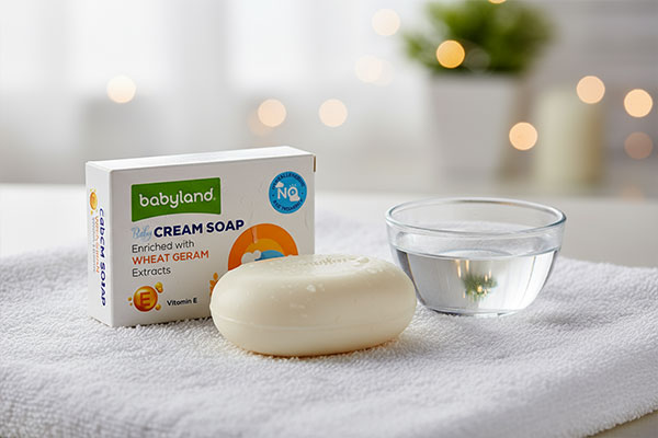 صابون کرمی بچه جوانه گندم بیبی لند روی حوله سفید