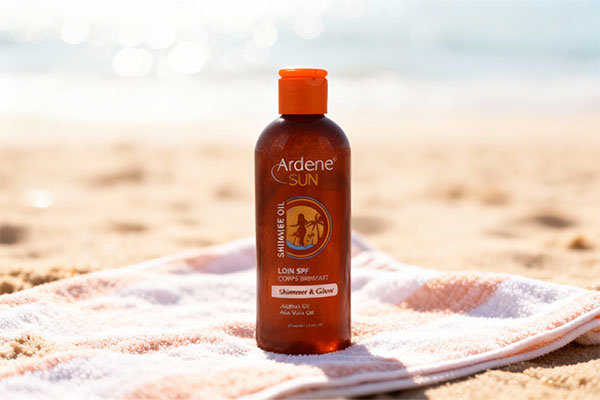 روغن آفتاب اکلیلی آردن روی حوله ساحلی