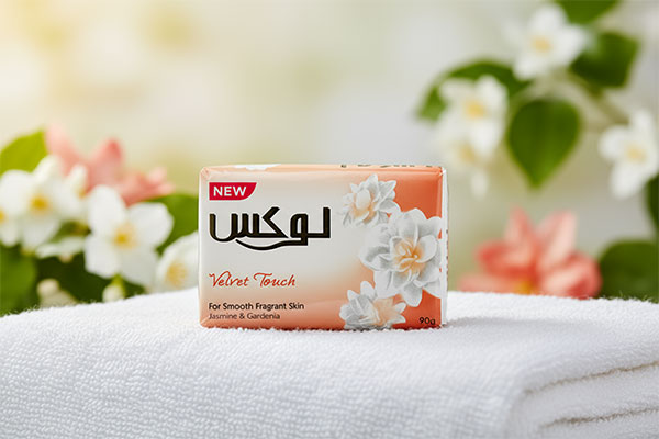 صابون گل یاس و گاردنیا لوکس روی حوله سفید با پسزمینه گلها