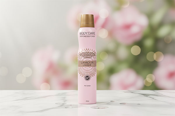 اسپری بدن زنانه لالیک لامور بادی کر روی سطح مرمر سفید
