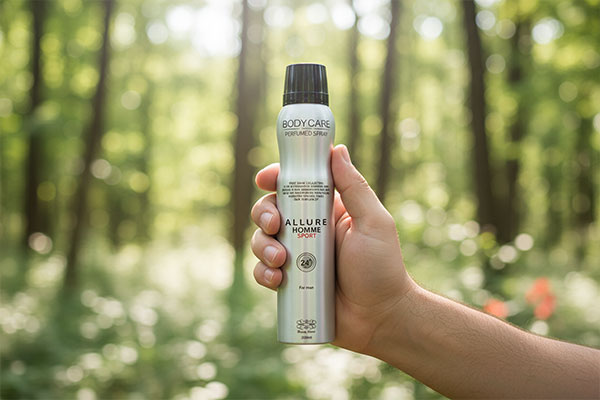 اسپری مردانه آلور هوم اسپورت بادی کر در دست مرد در طبیعت