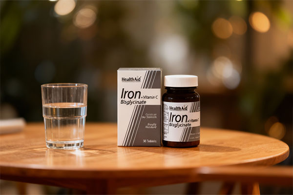 قرص آیرون بیس گلیسینات هلث اید کنار لیوان آب