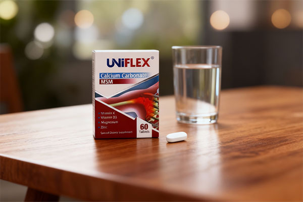 تصویر قرص یونی فلکس ابیان دارو کنار لیوان آب برای مصرف روزانه