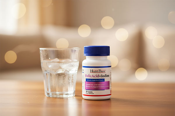 قرص فولیک اسید و ید هلث برست کنار لیوان آب