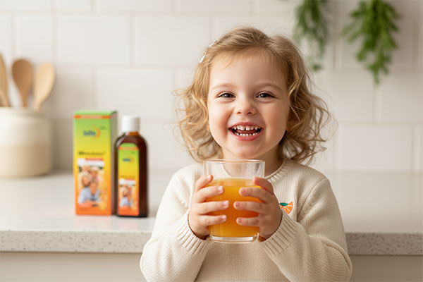 کودک در حال نوشیدن شربت مینا جویس یوروویتال با طعم پرتقال