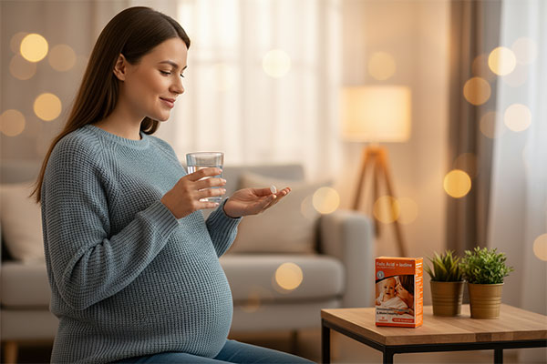 زن باردار با قرص فولیک اسید و ید در دست