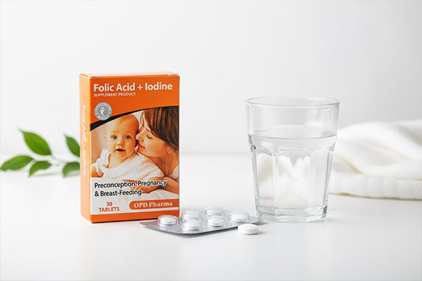 قرص فولیک اسید و ید او پی دی فارما روی سطح سفید