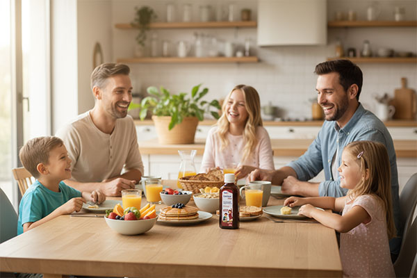 خانواده‌ای در حال مصرف شربت کلسی کید جویس برای سلامت استخوان‌ها